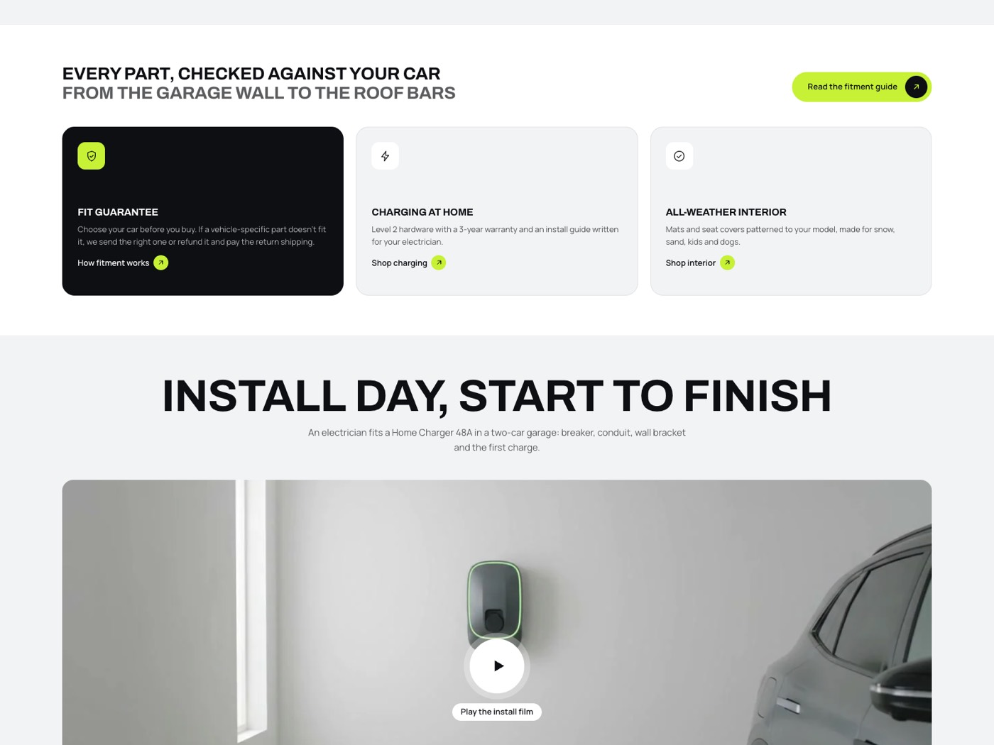 Feature cards with one dark highlighted card, above a wide video with a play button