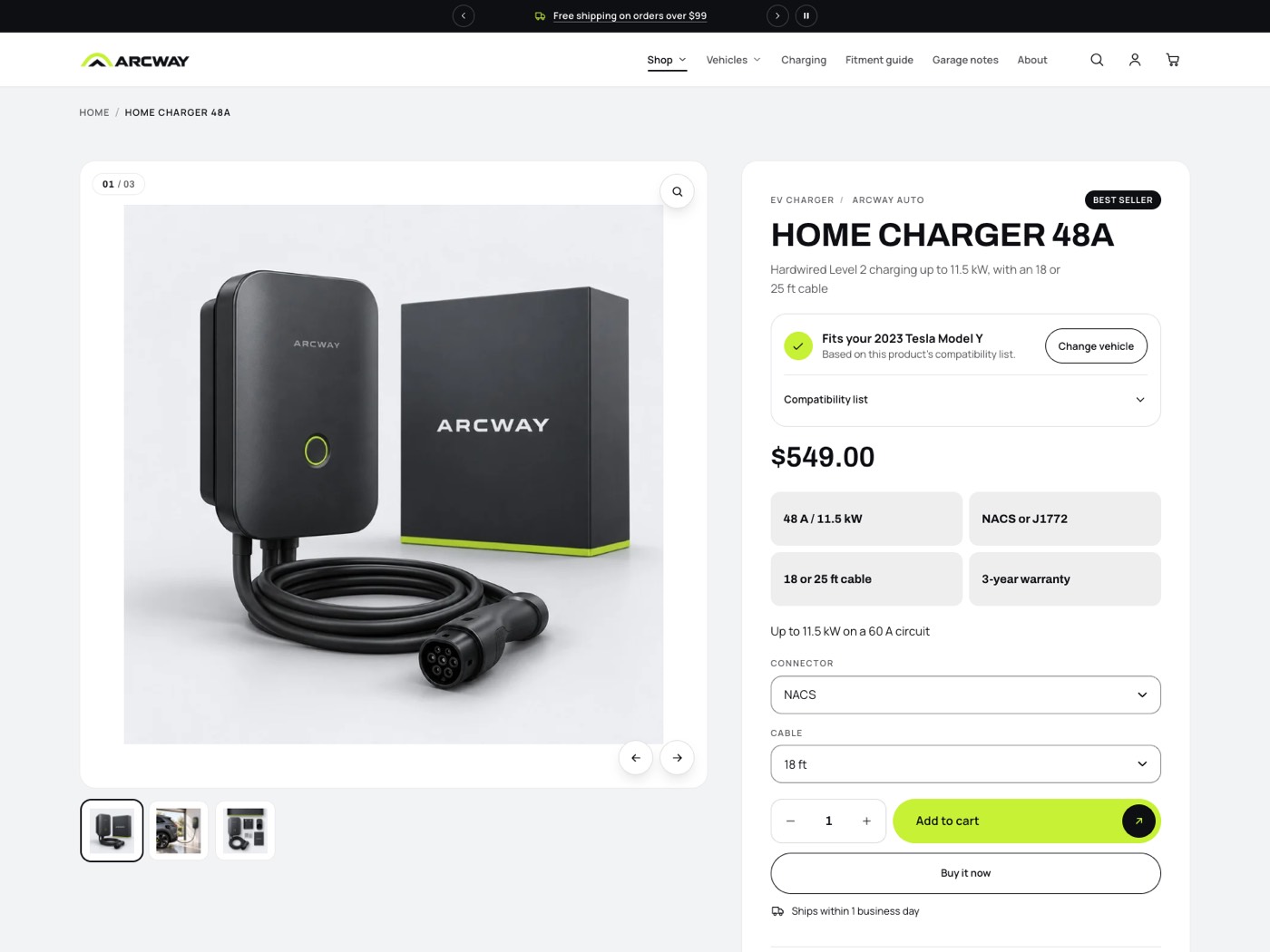 Home charger product page with a Fits your 2023 Tesla Model Y badge, a compatibility list, spec chips, dropdown options and a lime add to cart button