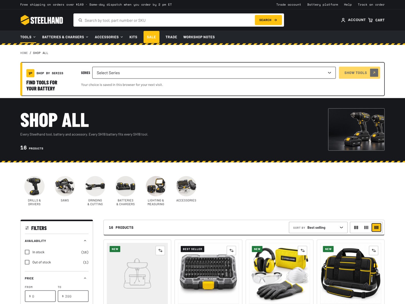 Shop all collection: the series finder bar, a charcoal banner band with a hazard stripe, subcollection chips, sidebar filters and the grid density toggle