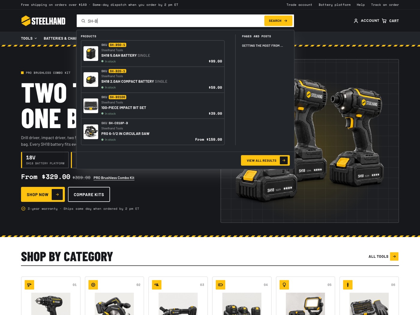 Search suggestions for the part number SH-B: product rows with the matching SKU highlighted, stock and price
