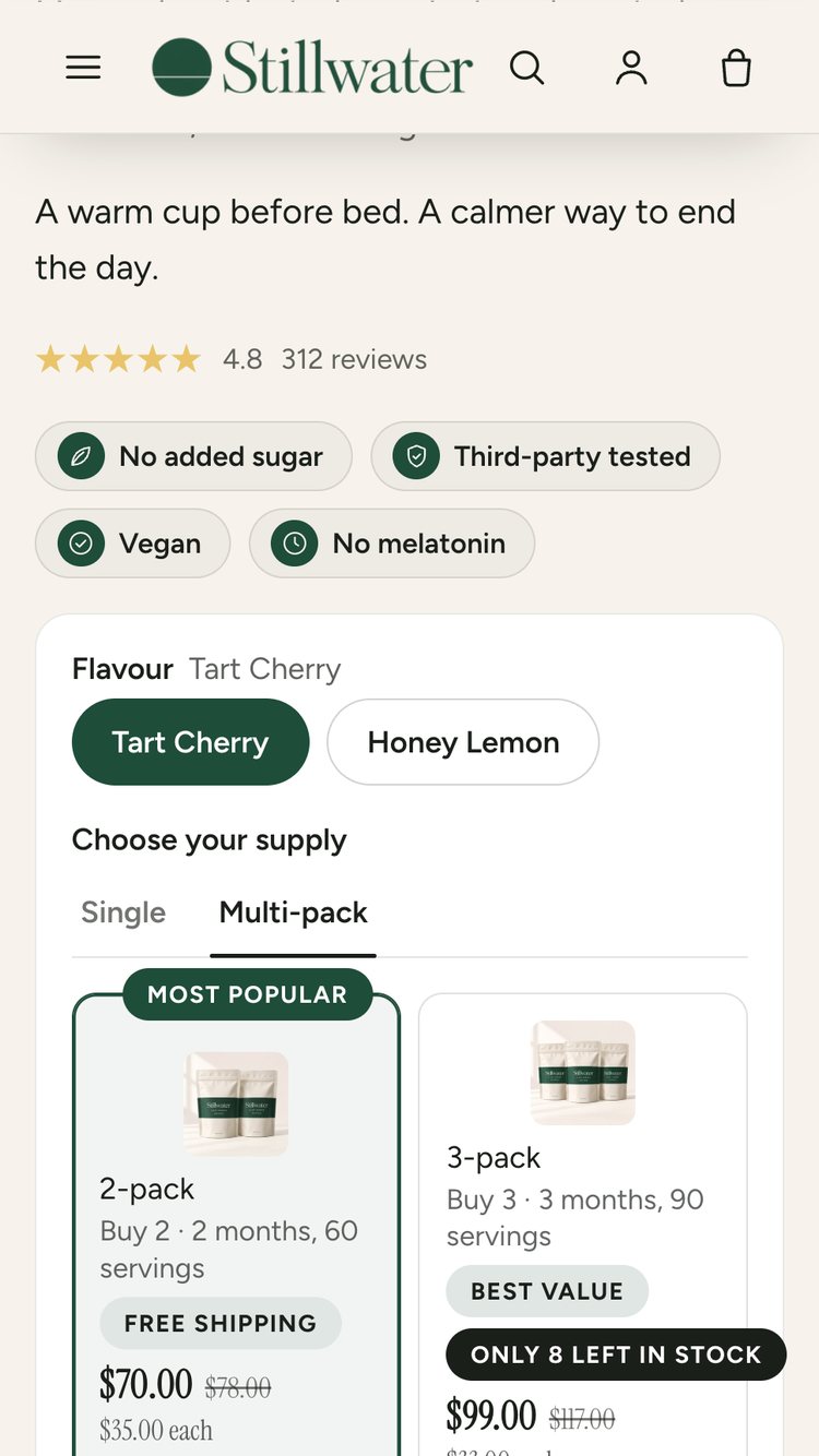 Product page on a phone: benefit chips, the flavour buttons and the 2-pack and 3-pack cards with Most popular, Free shipping, Best value and per-unit prices