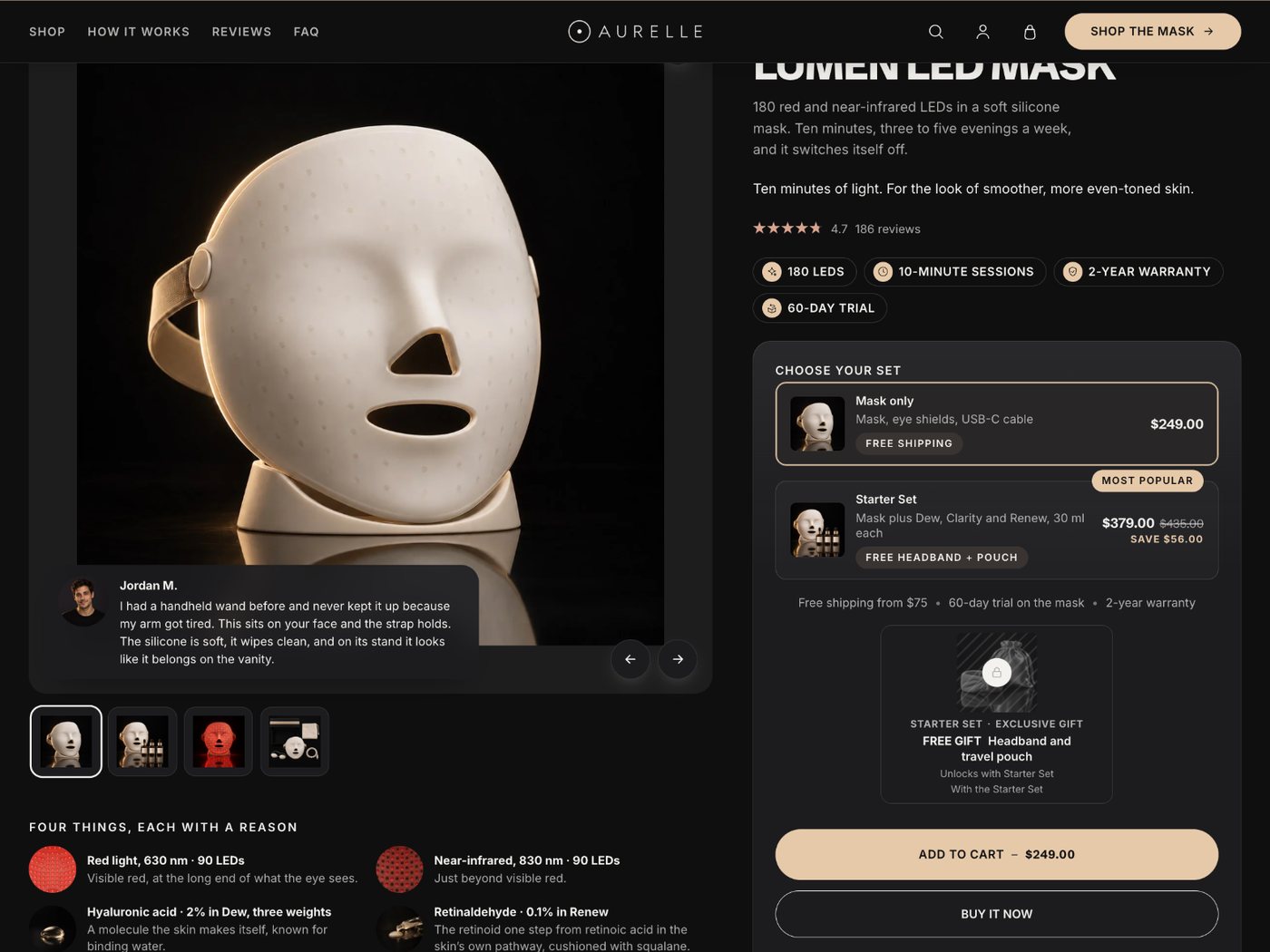 Verity preset product page: the LED mask on a dark gallery with a customer quote, supply rows for Mask only and Starter set, a locked gift tile and a champagne Add to cart button