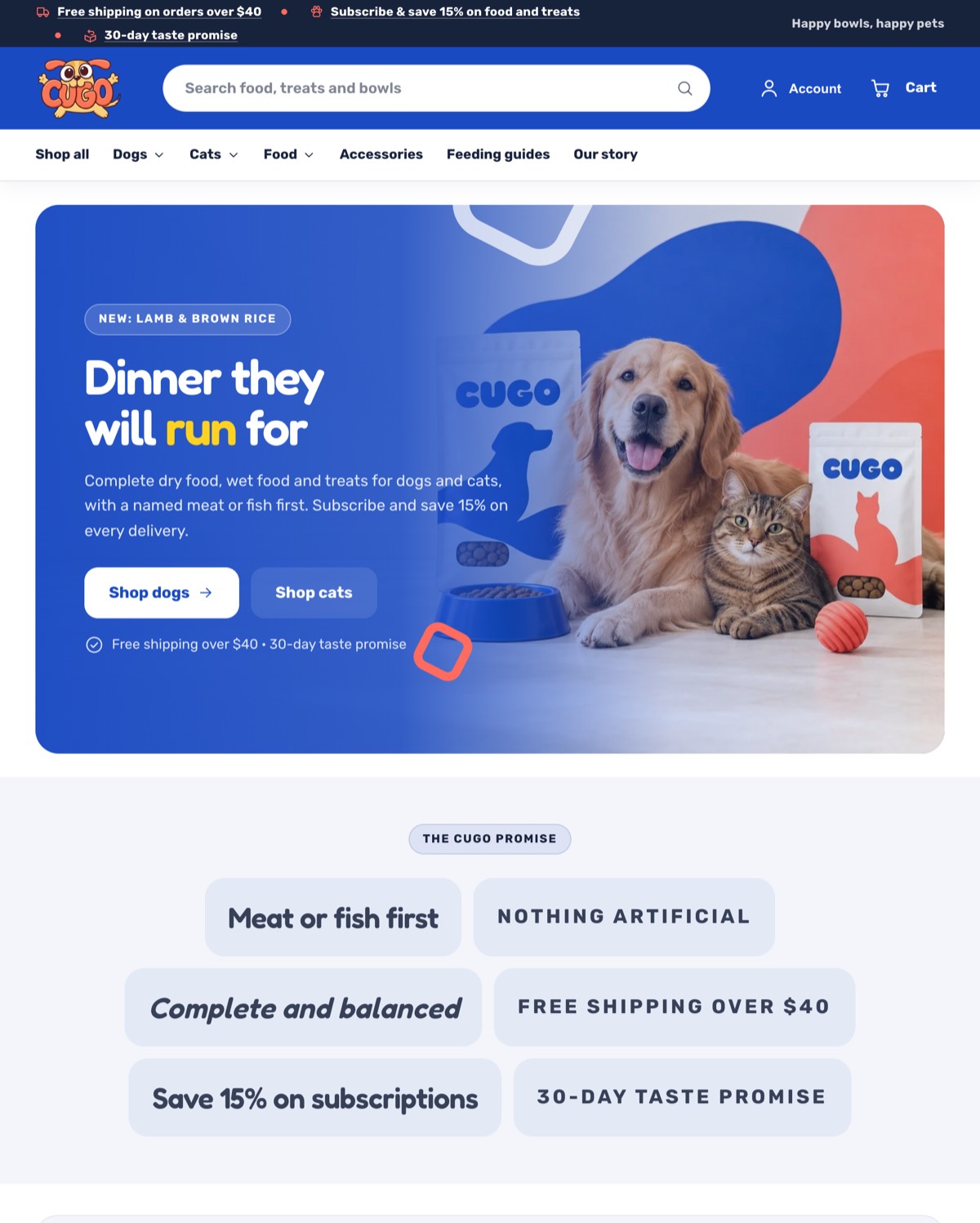 Cugo preset home page: a golden retriever and a tabby cat on a blue banner with the headline Dinner they will run for