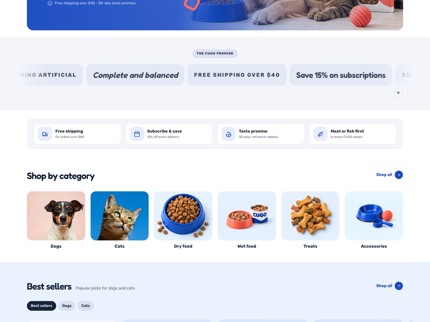 Cugo preset: a moving row of brand promises on rounded tiles above the value props and category tiles