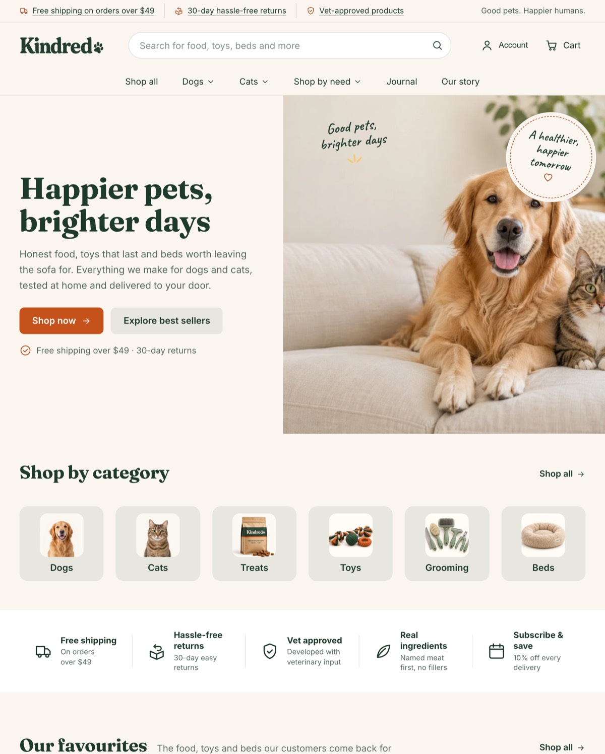 Snuggle preset home page: a golden retriever and a tabby cat on a cream sofa beside the headline Happier pets, brighter days