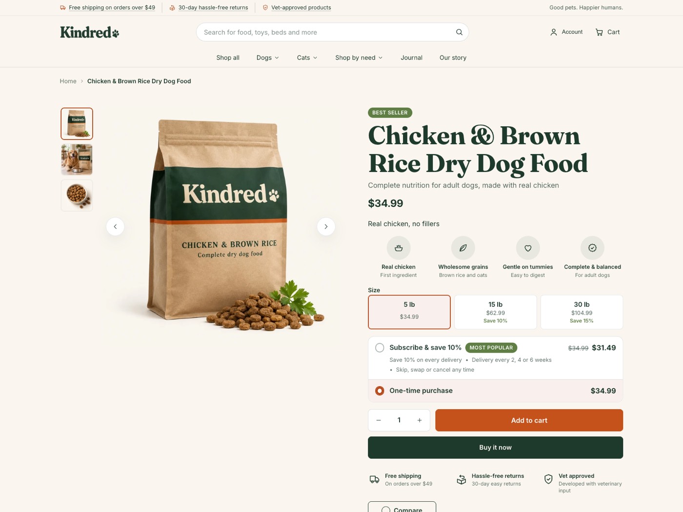Product page with benefit icons, size cards showing Save 10% and Save 15%, and Subscribe and save options